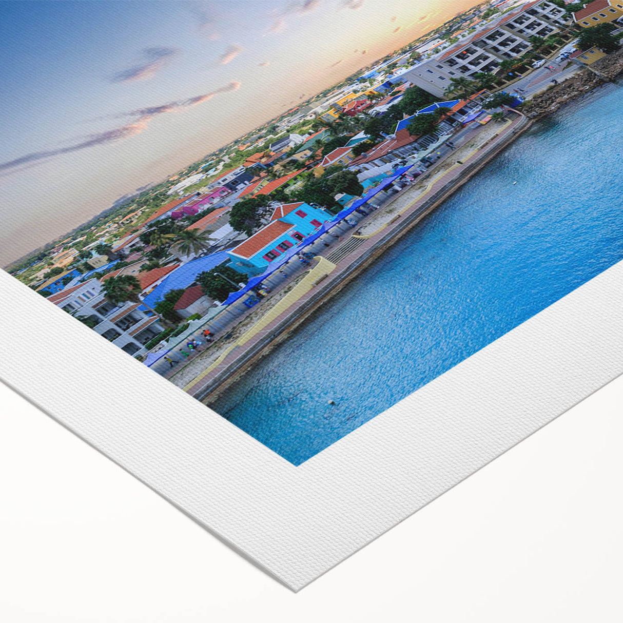 Art deco poster of Caribbean Aruba scenery in muted blue and green tones on rolled canvas, suitable for dining room decor.