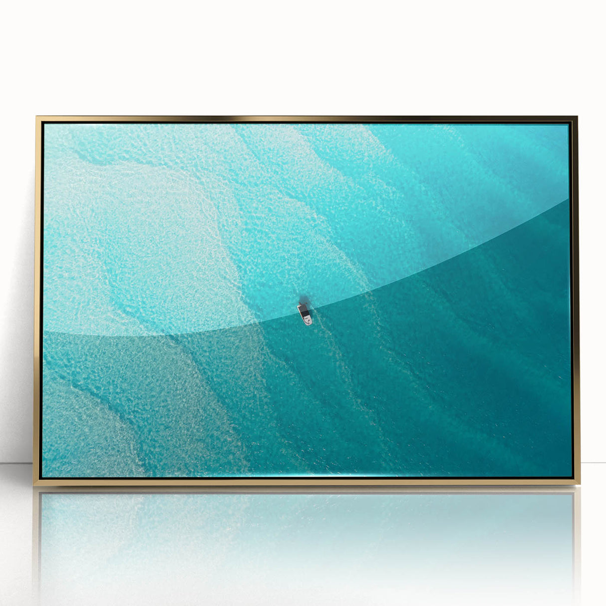 Art deco poster of a Caribbean scenery in Bahamas, with vibrant blue and green tones on a framed acrylic.