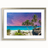 Extra large abstract art print of Caribbean scenery in muted blues and greens, framed in silver, ideal for living room decor.