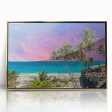Art deco poster of a Caribbean scenery in muted gold and blue tones, acrylic framed, suitable for modern art wall decor.