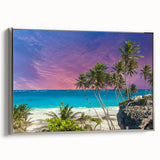 Framed canvas featuring a vintage-style landscape painting of a Barbados beach scene in vibrant colors.
