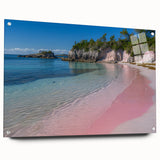 Large abstract wall art depicting a Caribbean scenery in vibrant blues and greens on acrylic glass.