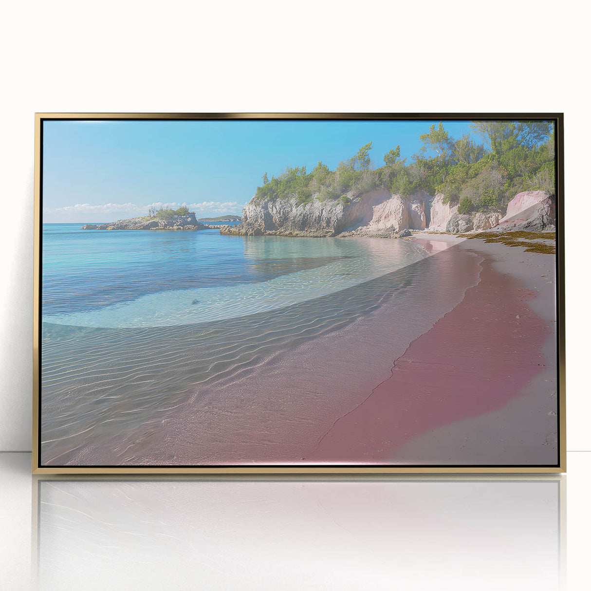 Art deco poster of a Caribbean Bermuda scenery in gold frame, acrylic print, ideal for modern art wall decor.