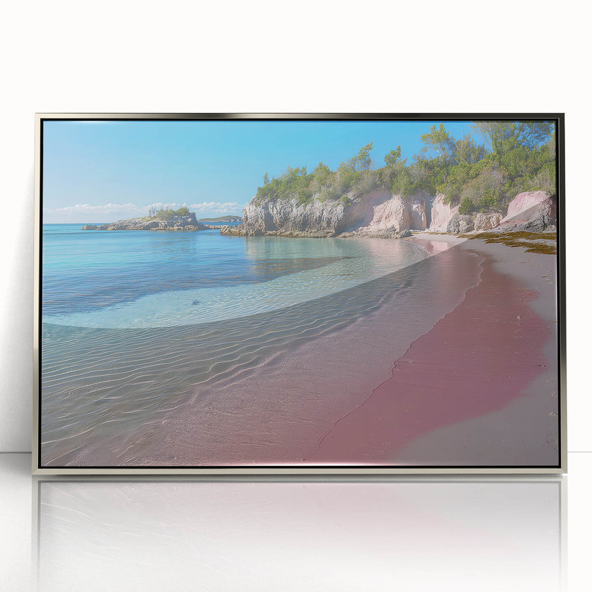 Large art print of a Caribbean scenery in muted blue and green tones, framed in silver acrylic.
