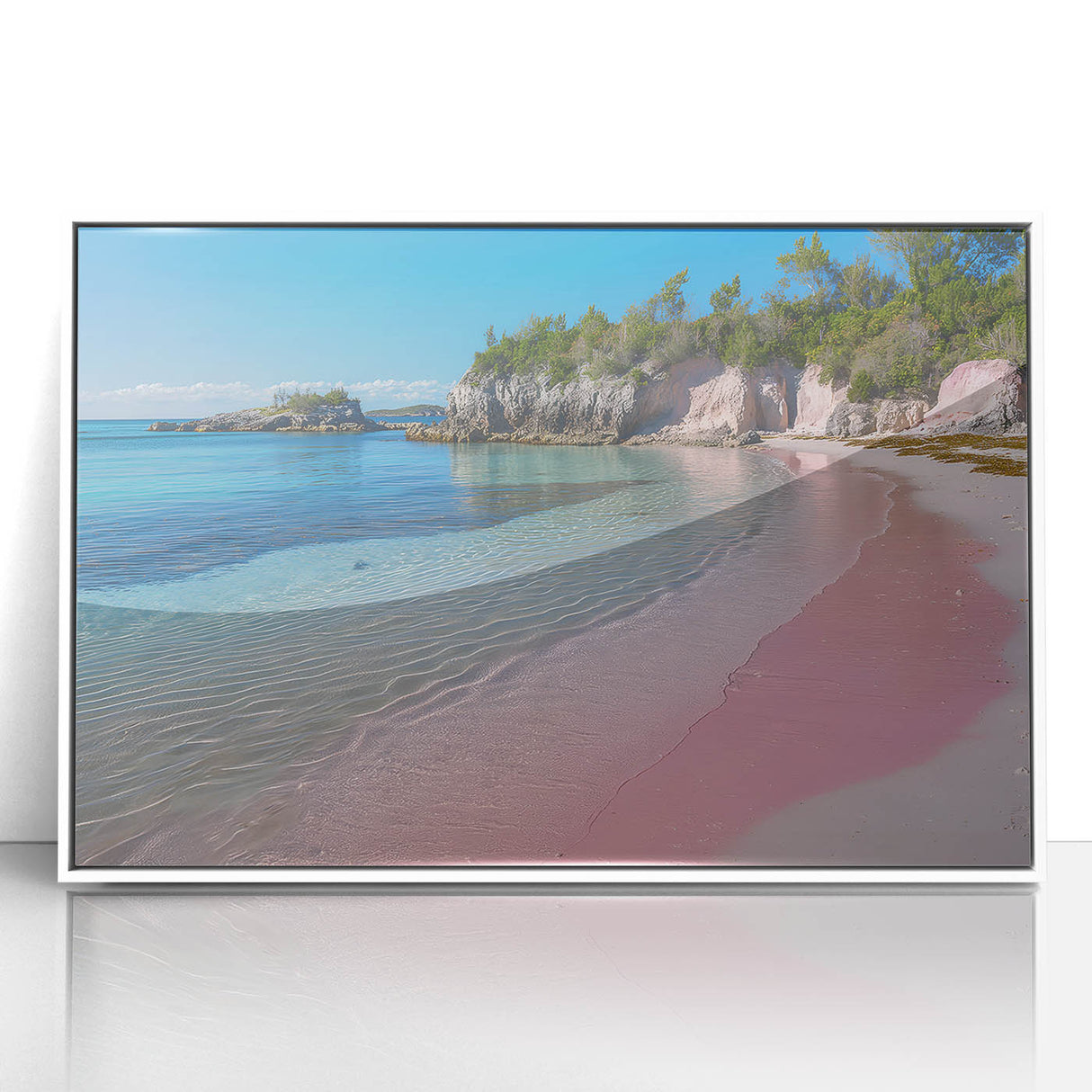 Mid-century modernist art depicting a Caribbean scenery in pastel shades on a framed acrylic, ideal for nursery wall art.