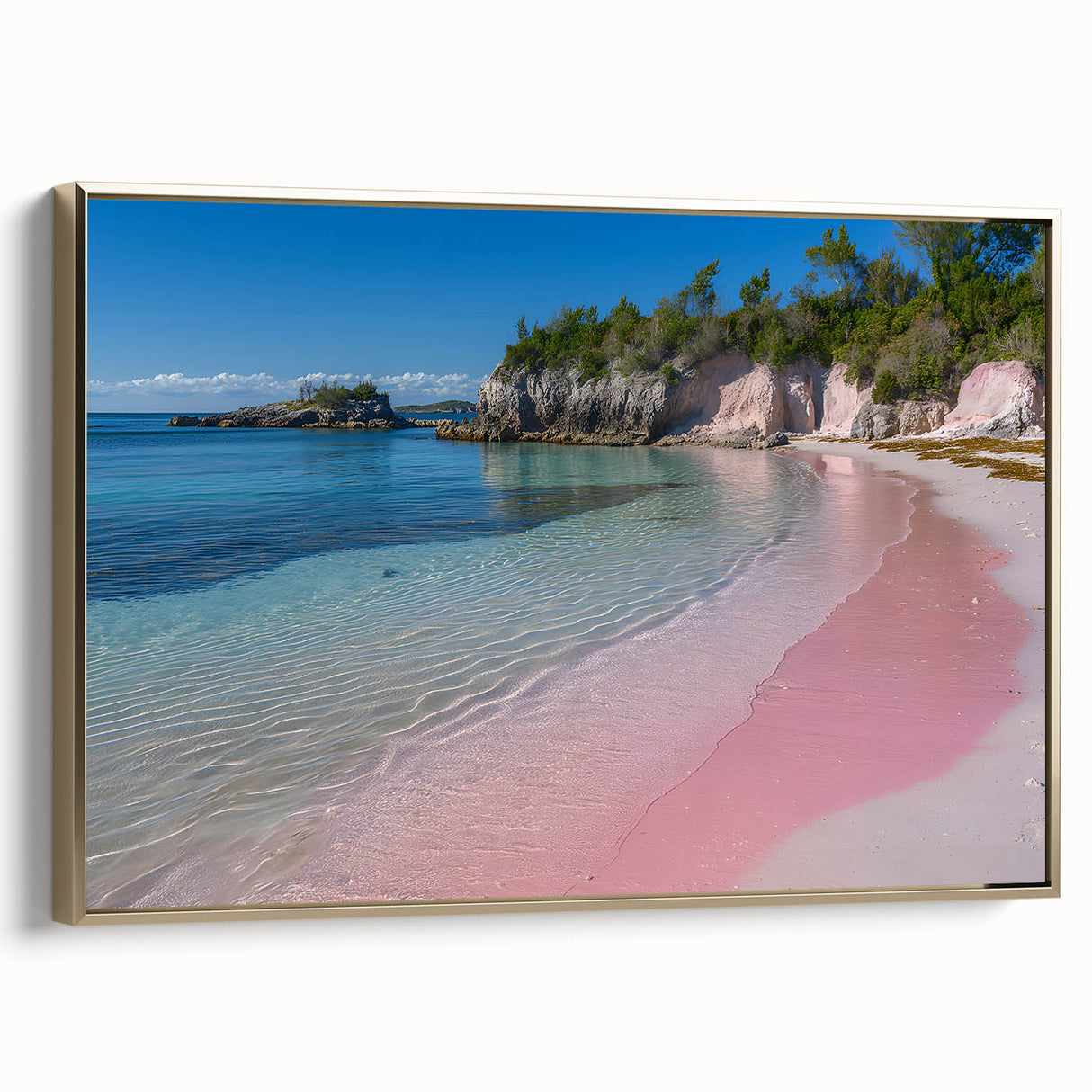 Framed canvas featuring a vintage-style Bermuda landscape in muted gold and black tones, ideal for bedroom wall art.