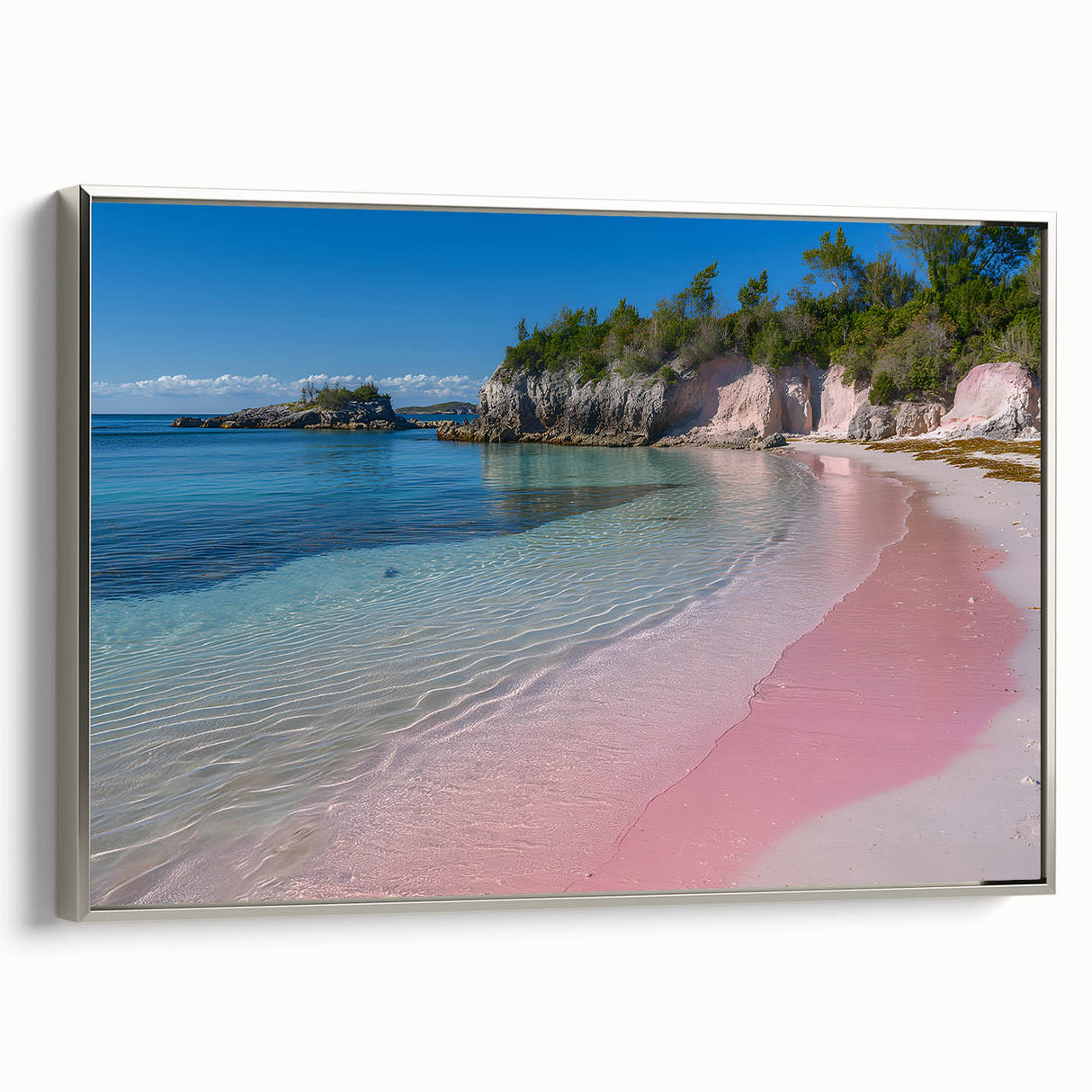 Landscape art painting of a Caribbean scene on a framed canvas, featuring vibrant blues and greens.