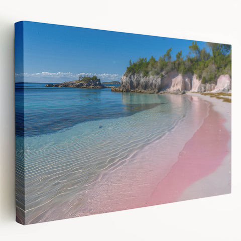 Large art print of a Caribbean scenery on stretched canvas, featuring vibrant blue and green tones.