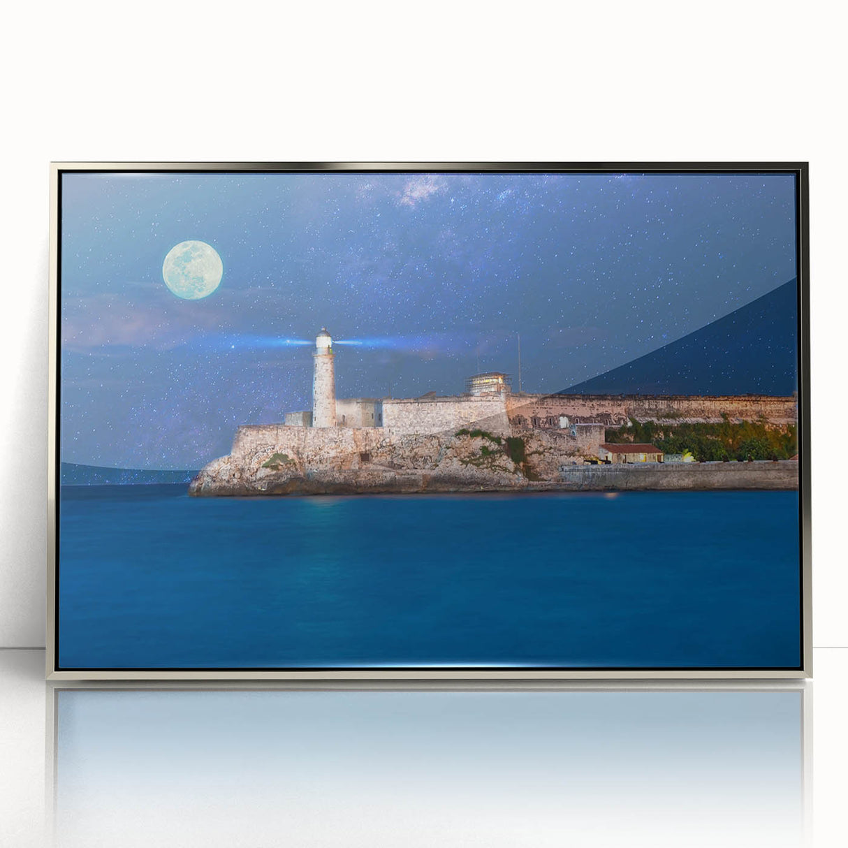Mid-century modernist art of a Caribbean scenery in muted teal and coral hues, silver-framed acrylic.