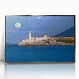Mid-century modernist art of a Caribbean scenery in muted teal and coral hues, silver-framed acrylic.