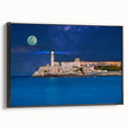 Black and white vintage poster art of a Cuban landscape on framed canvas, suitable for bedroom decor.