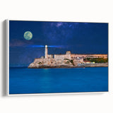 Vintage poster art of a colorful Caribbean scenery on a framed canvas, ideal for living room decor.