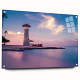 Large abstract wall art on acrylic glass depicting a Caribbean scene in vibrant blue and green tones.