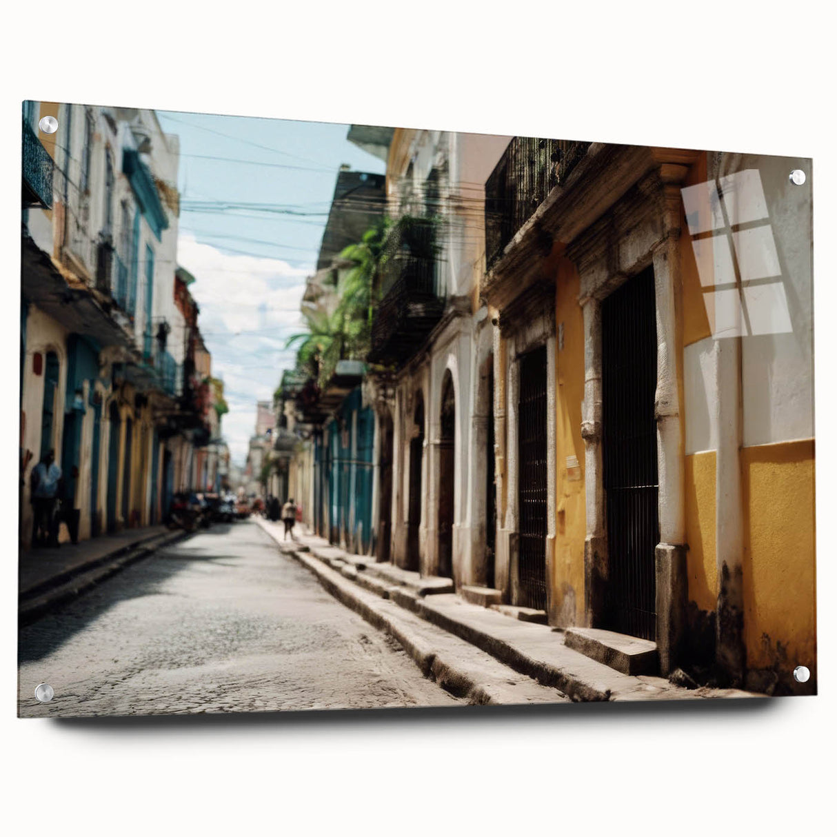Large abstract wall art of a Caribbean scenery in vibrant blue and green hues on acrylic glass.