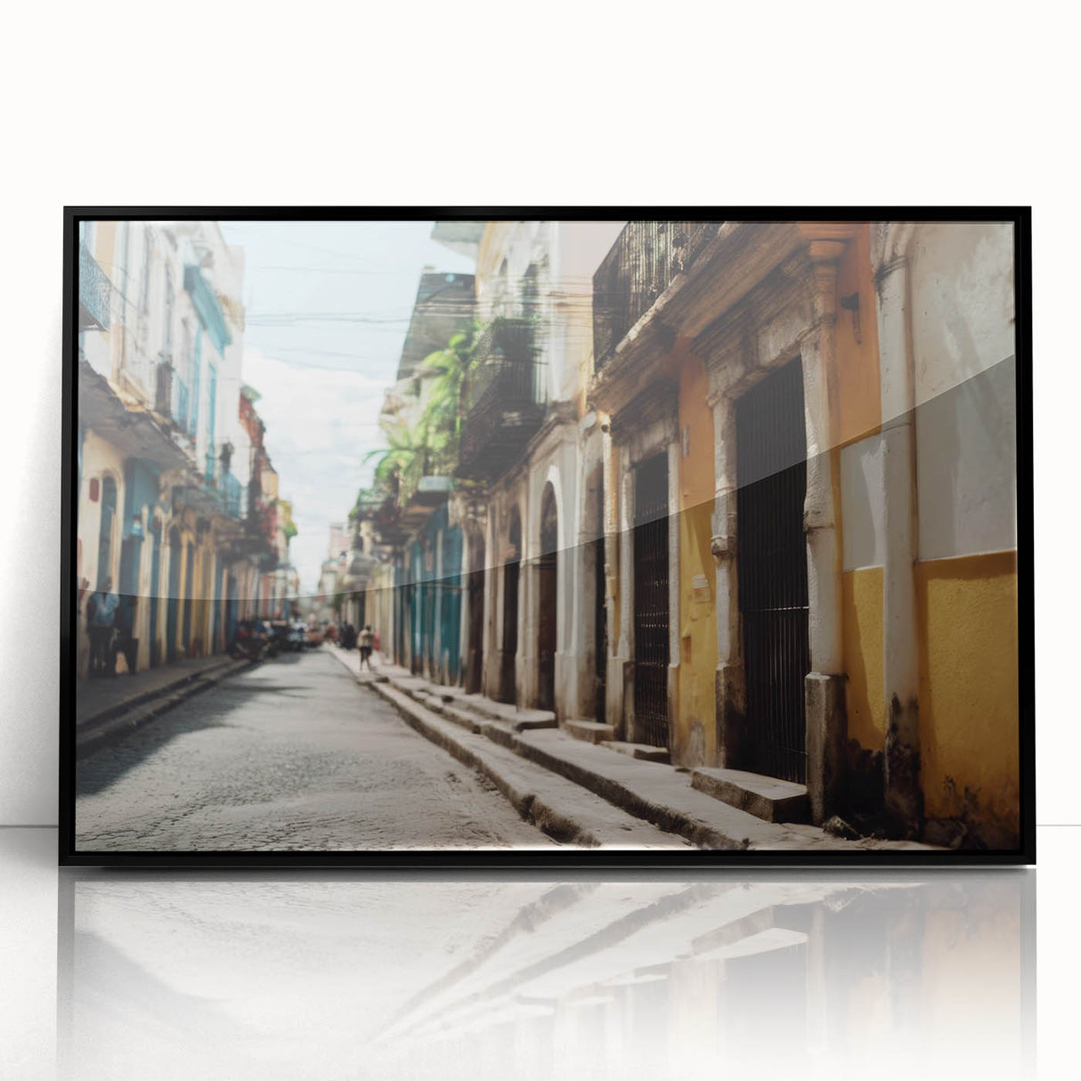 Large abstract wall art depicting a Caribbean scenery on framed acrylic in black, ideal for modern living room decor.