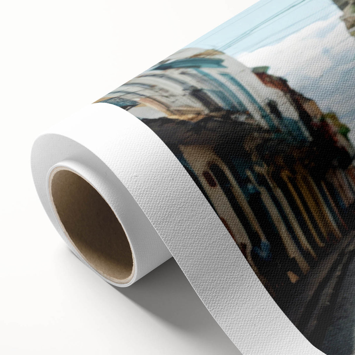 Art Deco style poster depicting a serene Caribbean scenery in soft blue and green tones on rolled canvas.