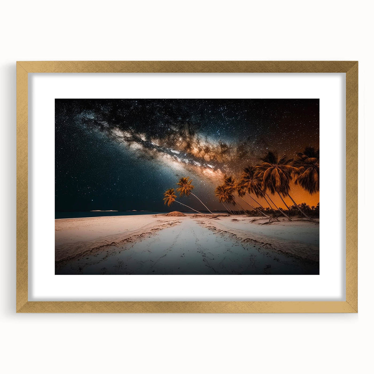 Textured abstract art print depicting Caribbean scenery in vibrant blues and greens, framed in gold, ideal for bedroom art.