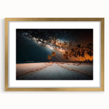 Textured abstract art print depicting Caribbean scenery in vibrant blues and greens, framed in gold, ideal for bedroom art.