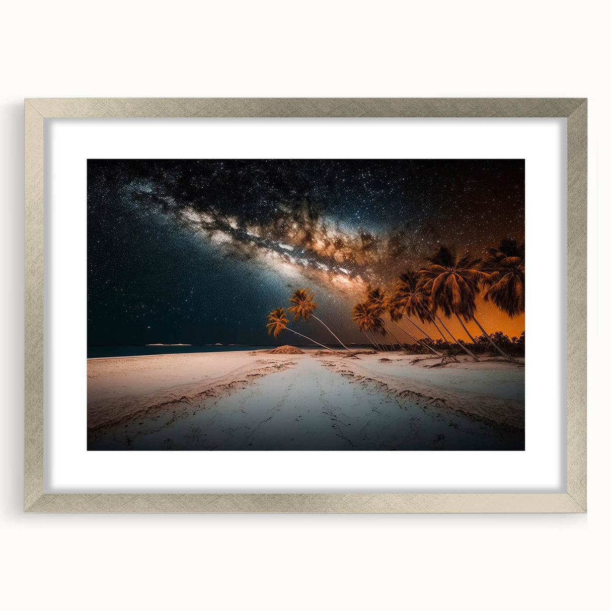 Abstract art print of a Caribbean scenery in muted blue and green tones on a framed silver mat, ideal for dining room decor.