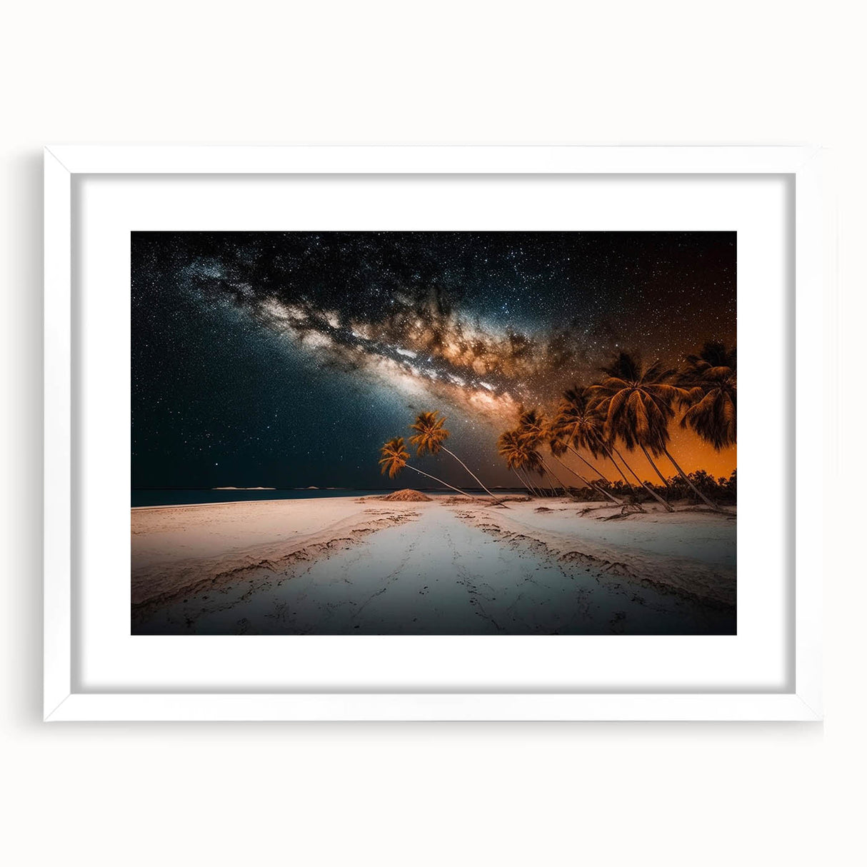 Extra large abstract art print of a Caribbean scenery in vibrant blue and green tones on a white framed mat.