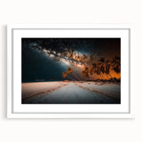 Extra large abstract art print of a Caribbean scenery in vibrant blue and green tones on a white framed mat.
