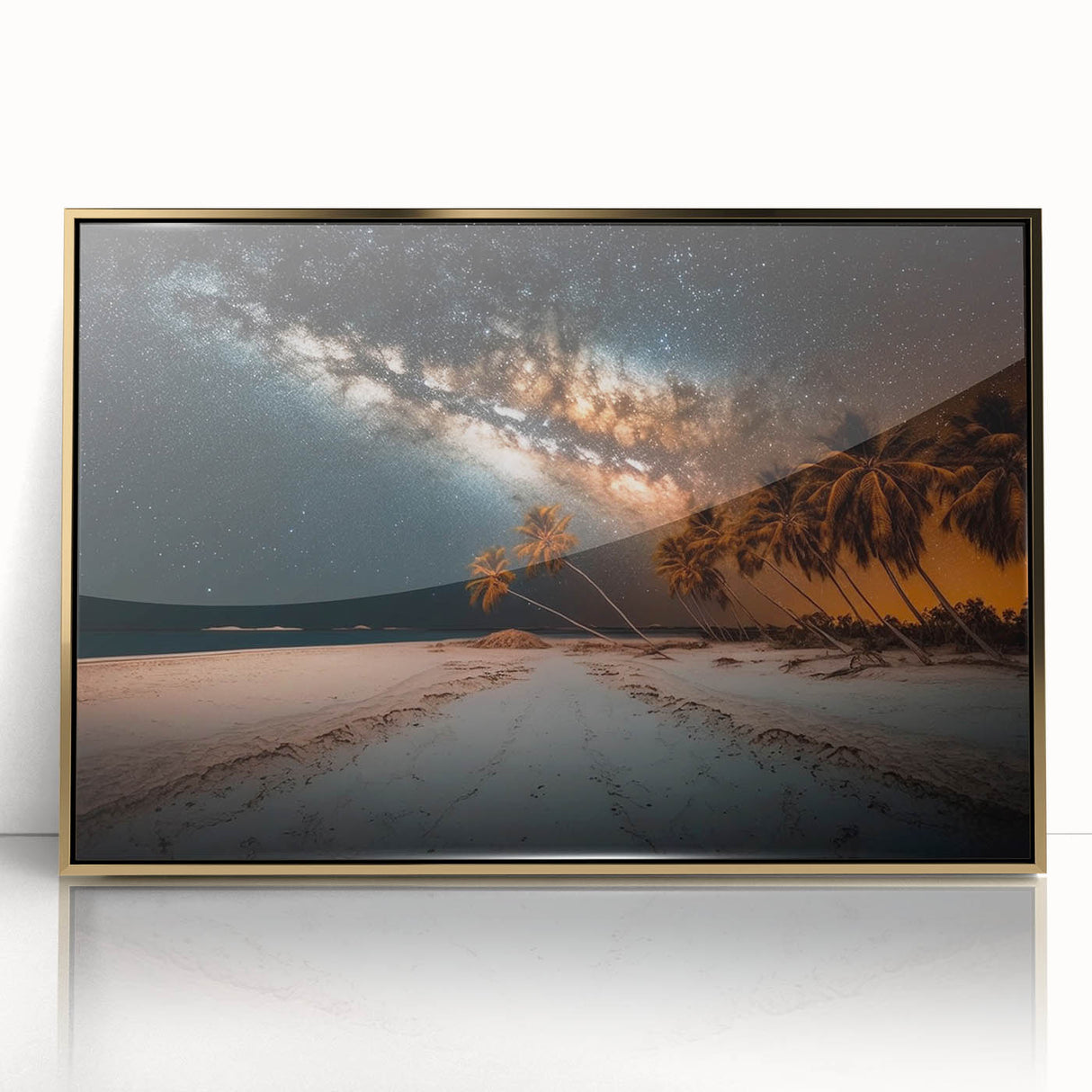Mid-century modernist art depicting a Caribbean scene on a framed acrylic print, featuring cool blue and green tones.