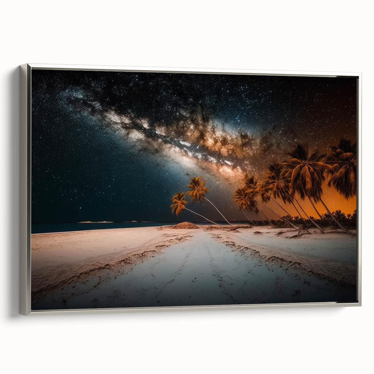 Landscape art painting of a Caribbean scenery on a framed canvas, featuring vibrant colors and vintage poster art style.