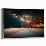 Landscape art painting of a Caribbean scenery on a framed canvas, featuring vibrant colors and vintage poster art style.