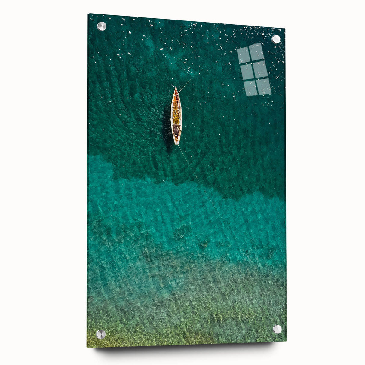 Acrylic print of a Caribbean Saint Lucia landscape in vibrant blues and greens, ideal for dining room decor.