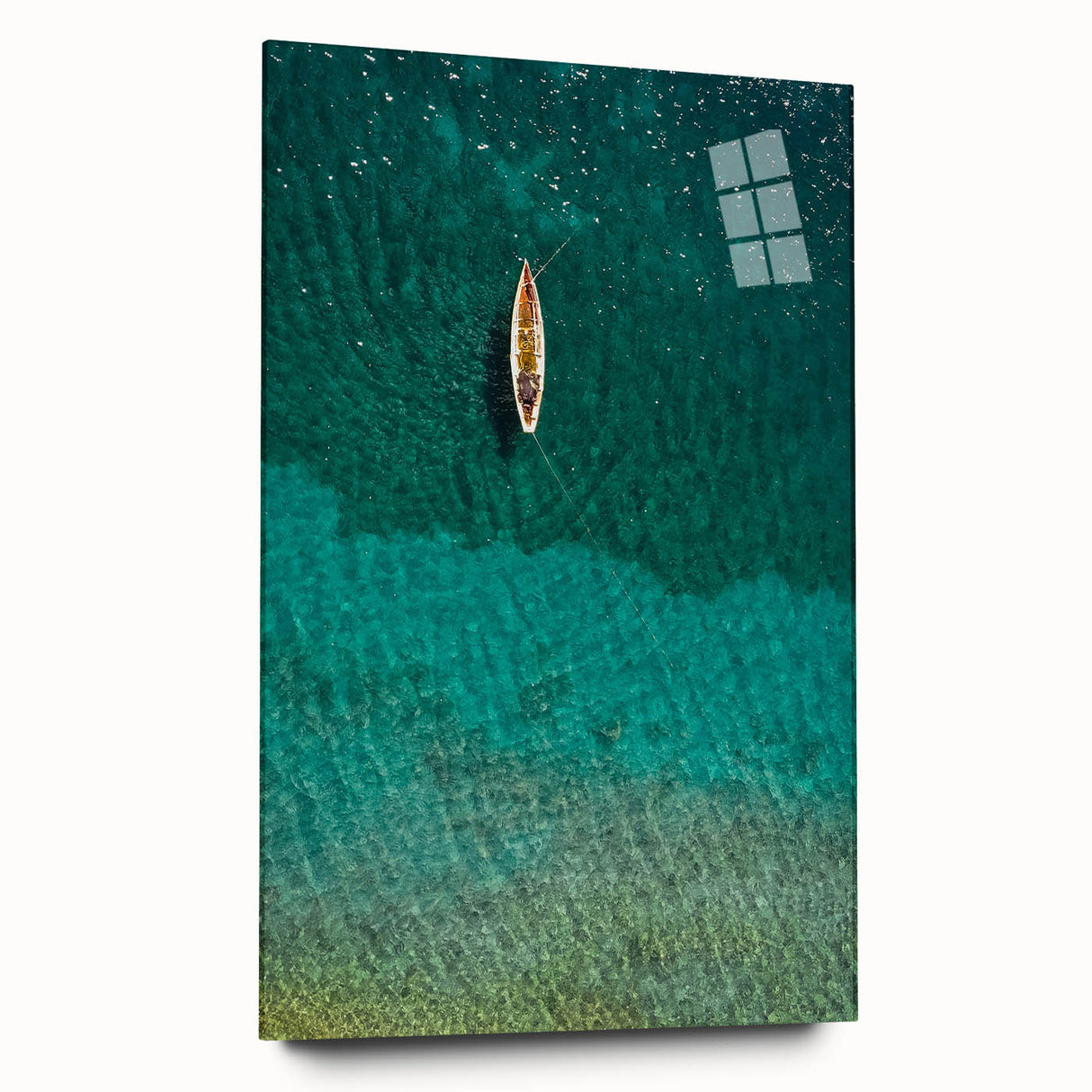 Acrylic print of a large abstract depiction of the Caribbean Saint Lucia in vibrant blues and greens.