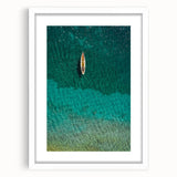 Abstract art print of a Caribbean Saint Lucia scenery in muted blue and green tones, framed with a white mat.