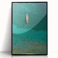 Large abstract wall art of Caribbean Saint Lucia scenery in muted blue and green tones, framed in black acrylic.
