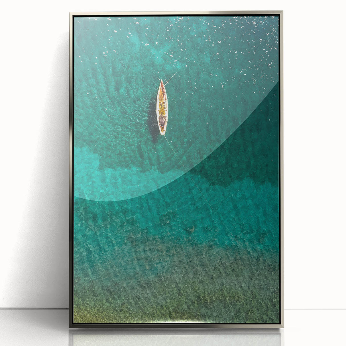 Mid-century modernist art depicting the Caribbean Saint Lucia scenery in muted blue tones on a framed acrylic print.
