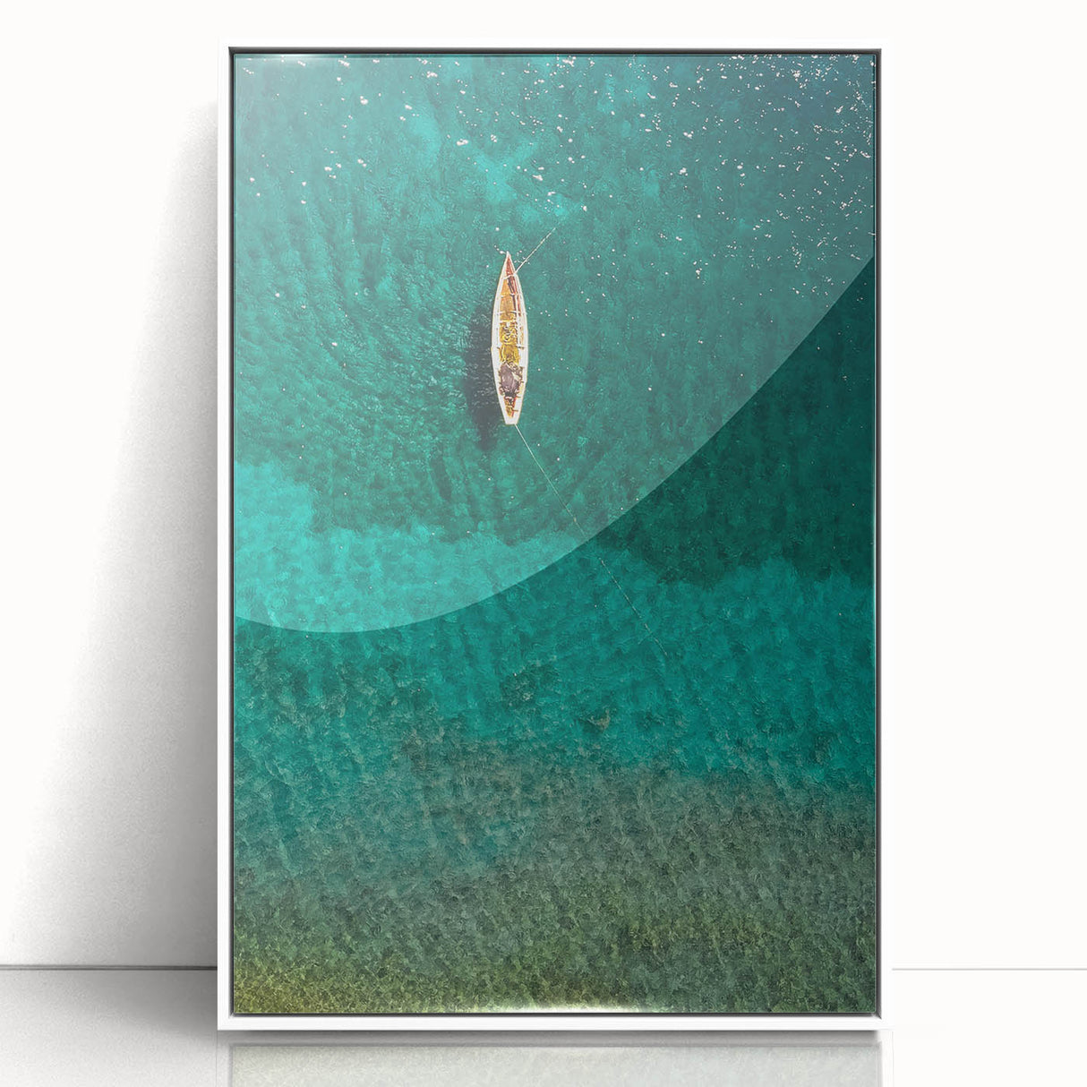 Art deco poster of Caribbean Saint Lucia scenery in muted blue and green tones, framed in white acrylic.