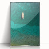 Art deco poster of Caribbean Saint Lucia scenery in muted blue and green tones, framed in white acrylic.
