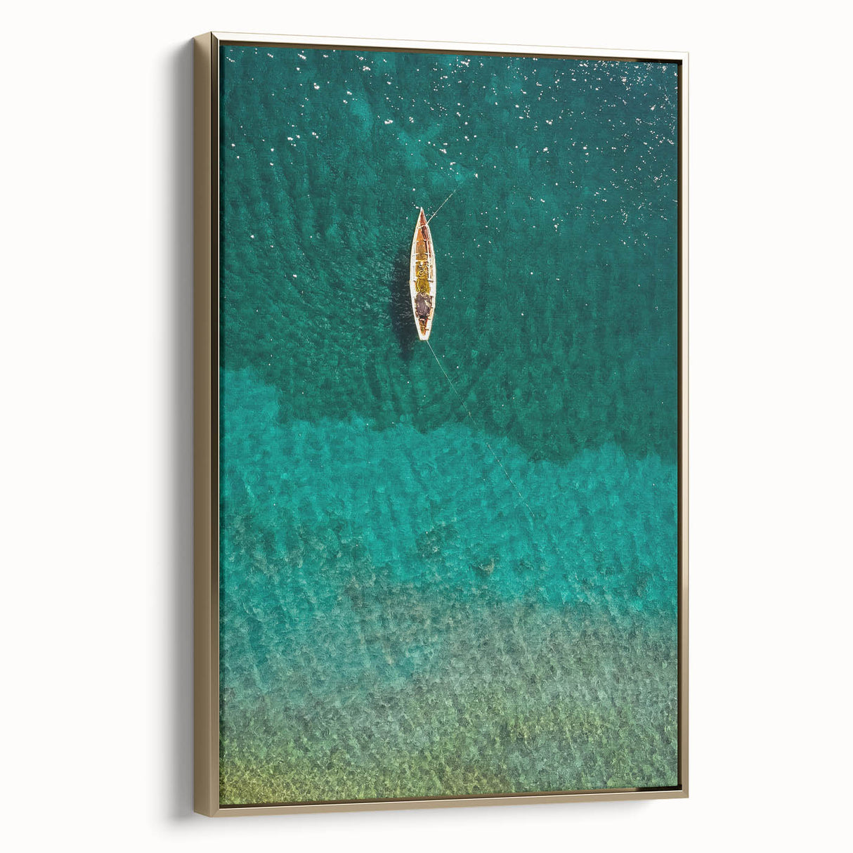 Framed canvas depicting a vintage-style Caribbean landscape with lush greenery and ocean in muted green and blue tones.