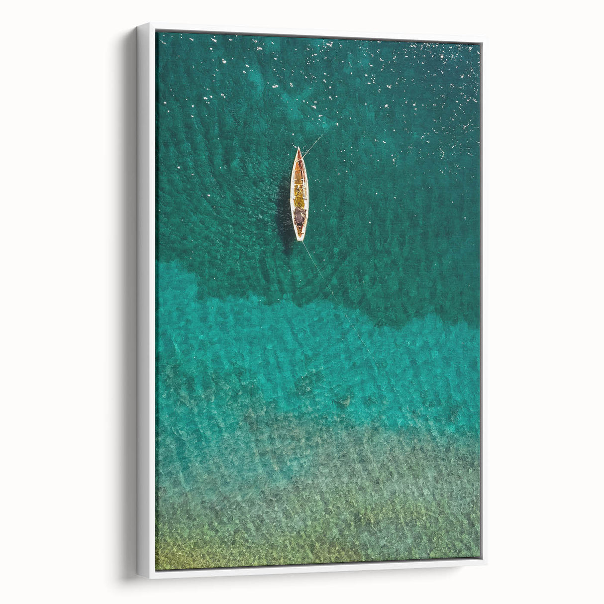 Vintage poster art of Saint Lucia scenery on a framed canvas, featuring vibrant colors, ideal for living room decor.