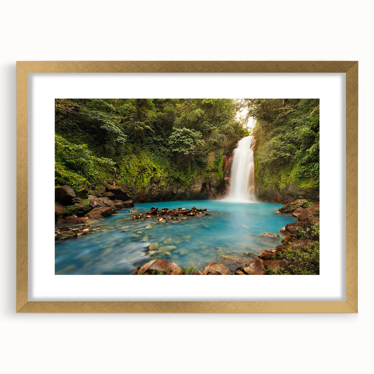Extra large abstract art print depicting a textured Costa Rican landscape in earthy tones, framed in gold.
