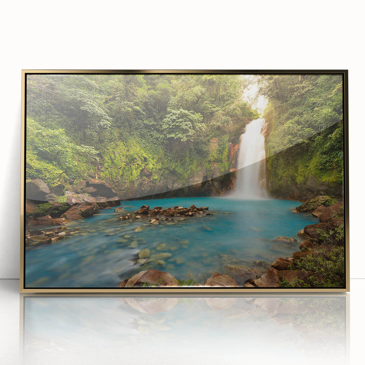 Mid-century modernist acrylic print of a Costa Rican landscape in gold frame, ideal for nursery wall art.
