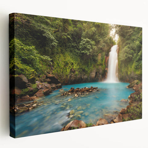 Large stretched canvas of a Costa Rican landscape in vibrant green and blue tones, perfect for kitchen wall art.