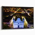 Black and white vintage poster art of a Central American landscape on framed canvas, ideal for bedroom decor.