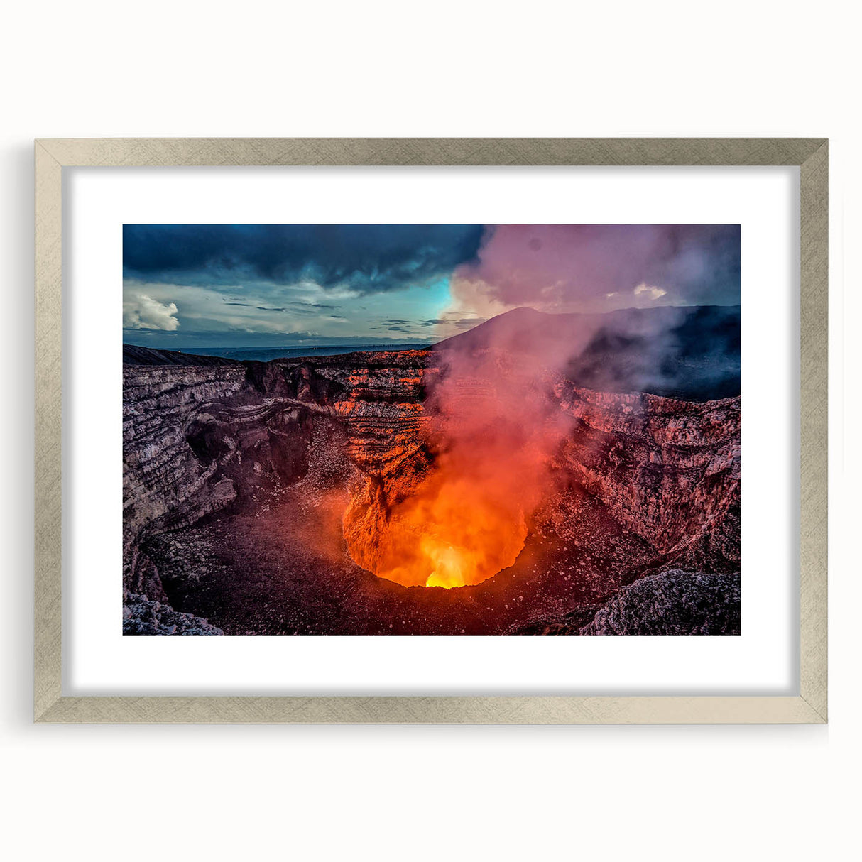 Textured abstract art print depicting a Central American landscape in earthy tones, framed with a silver mat.