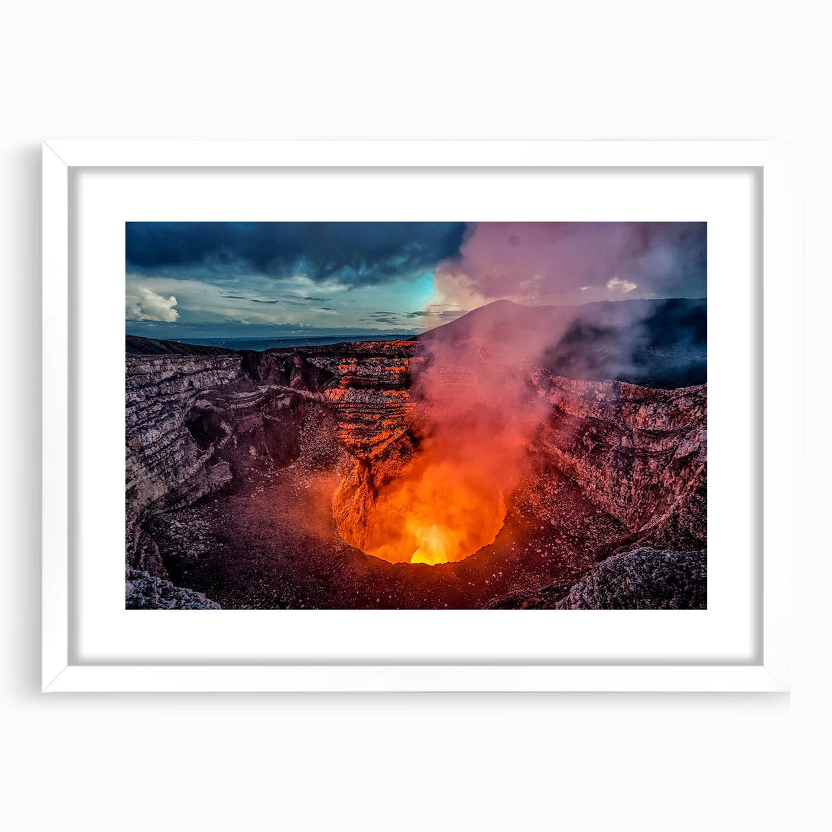 Abstract art print of a Central American scenery in muted earth tones, framed in white, suitable for dining room decor.