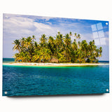 Acrylic glass print of a large abstract panorama in vibrant blue and green tones, ideal for dining room decor.