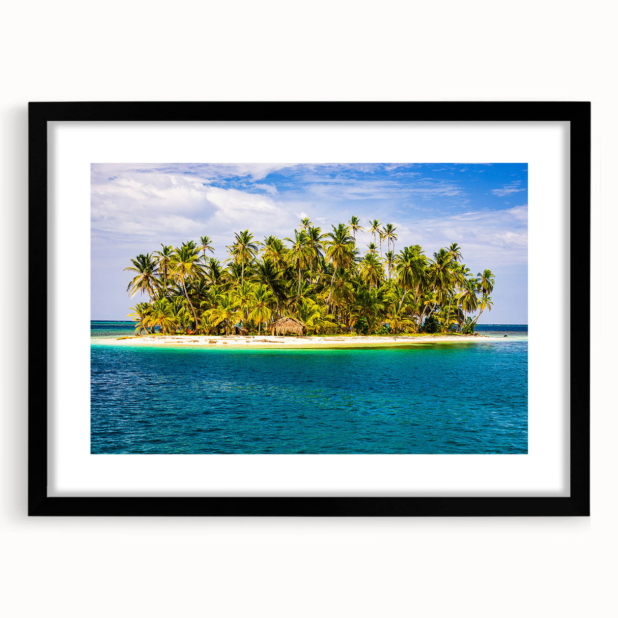 Abstract art print featuring vibrant, colorful textures of a Central American scenery, framed in black.