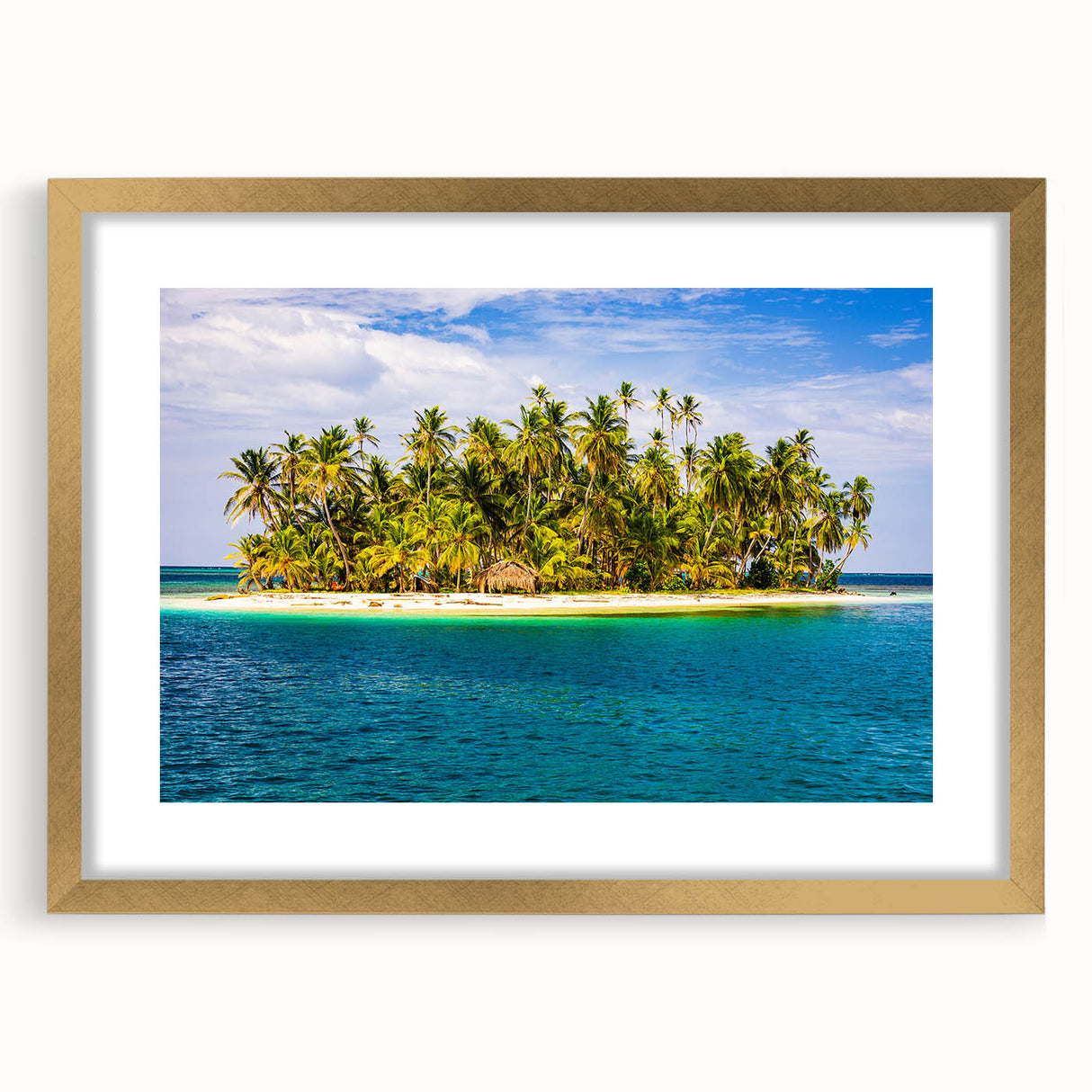 Extra large abstract art print of Central America scenery in gold frame, featuring textured earth tones.
