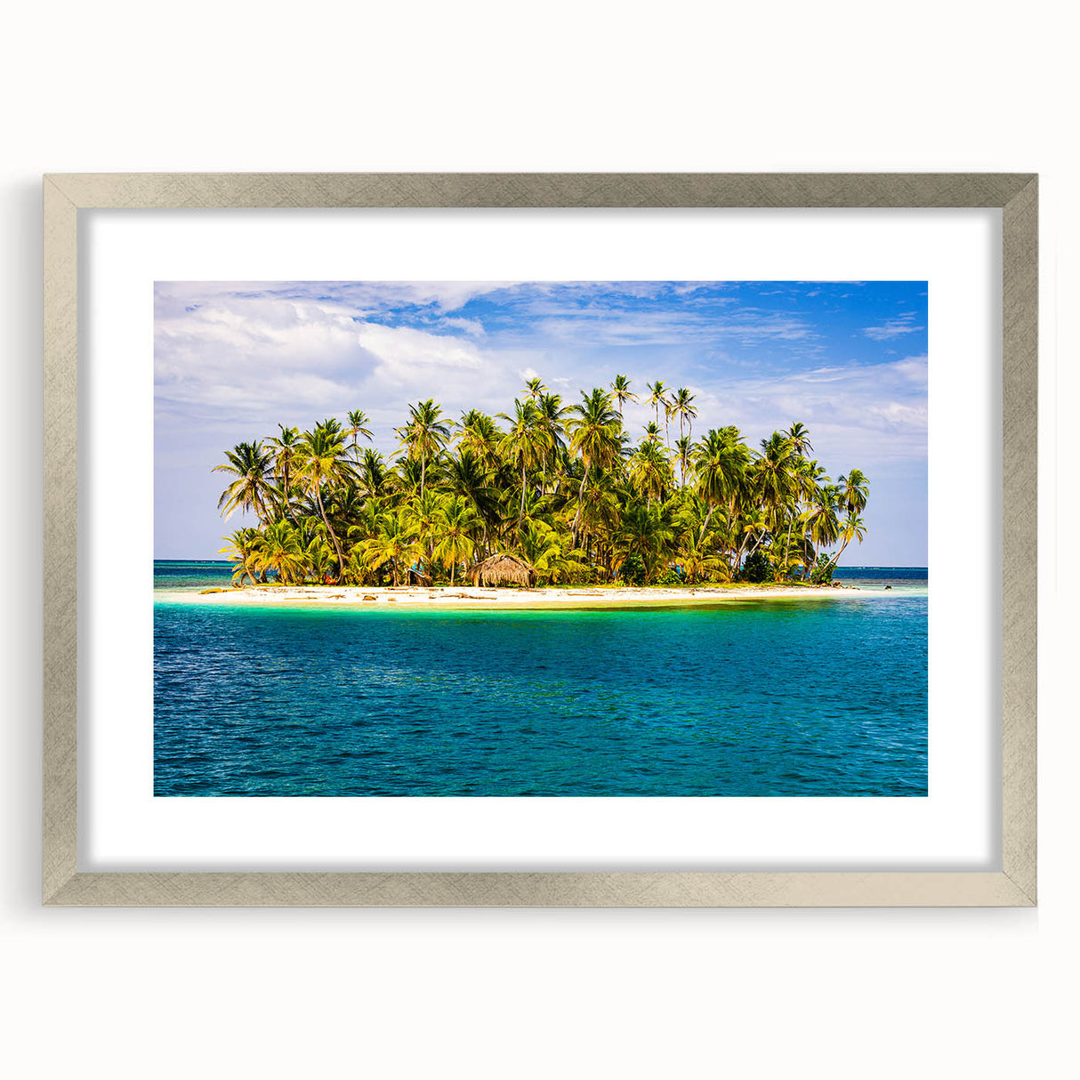 Textured abstract art print depicting a Central American scenery in muted earth tones, framed in silver.