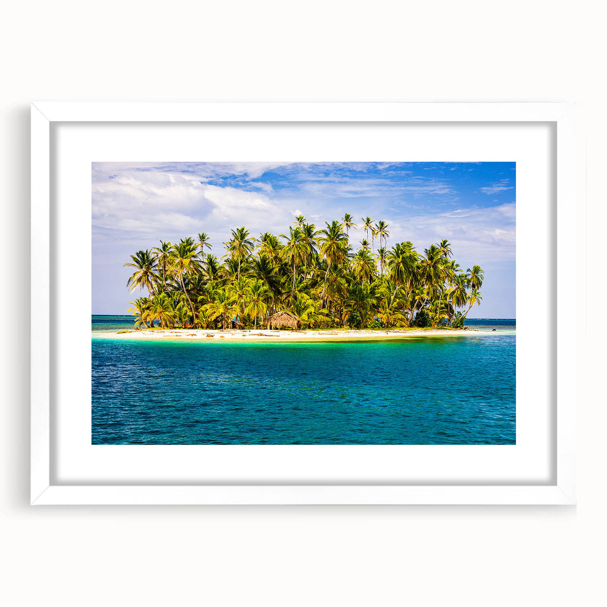 Abstract art print of a panoramic Central American scenery in white frame, ideal for dining room decor.