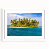 Abstract art print of a panoramic Central American scenery in white frame, ideal for dining room decor.