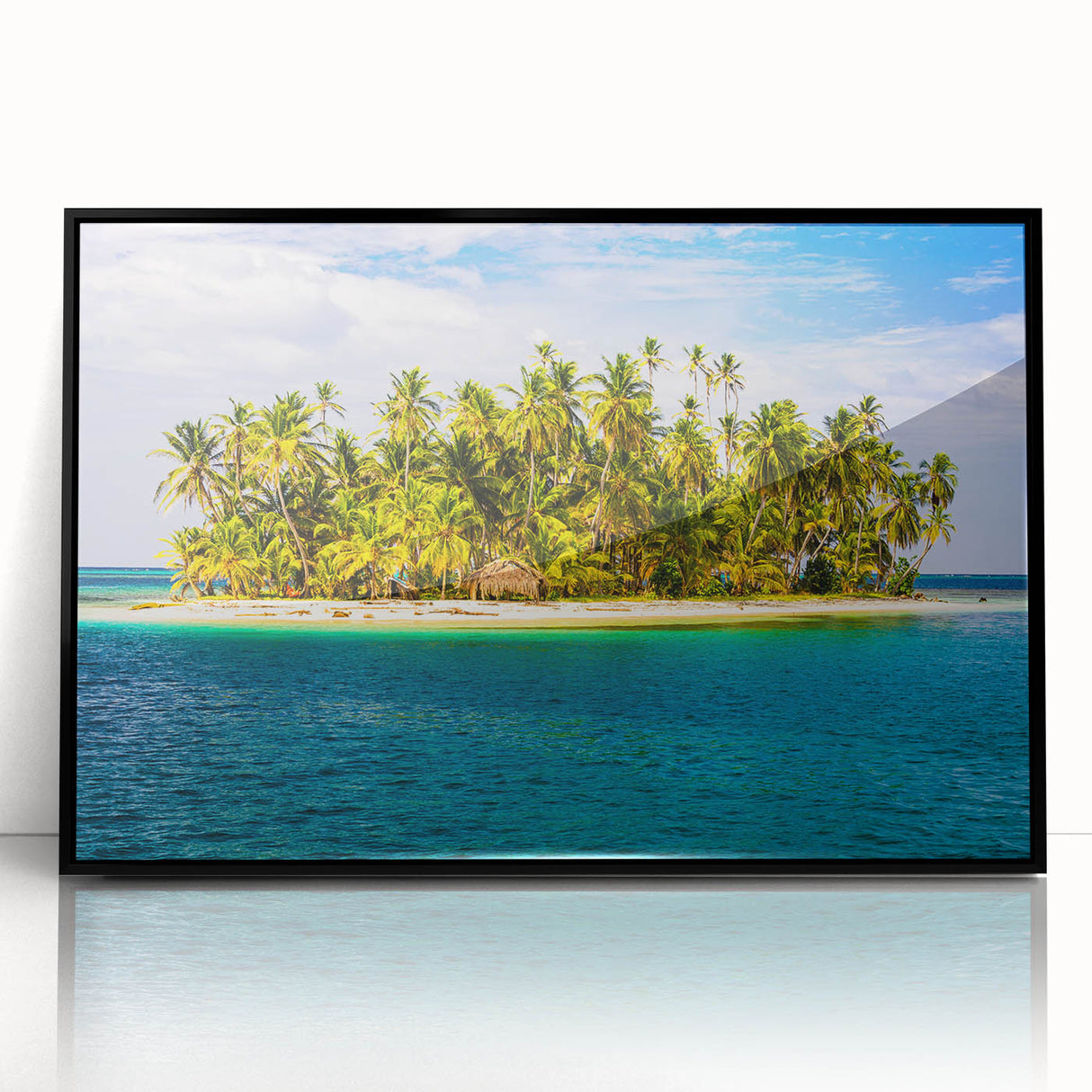 Large abstract wall art depicting a vibrant scene of Central America in Panama, framed in black acrylic.